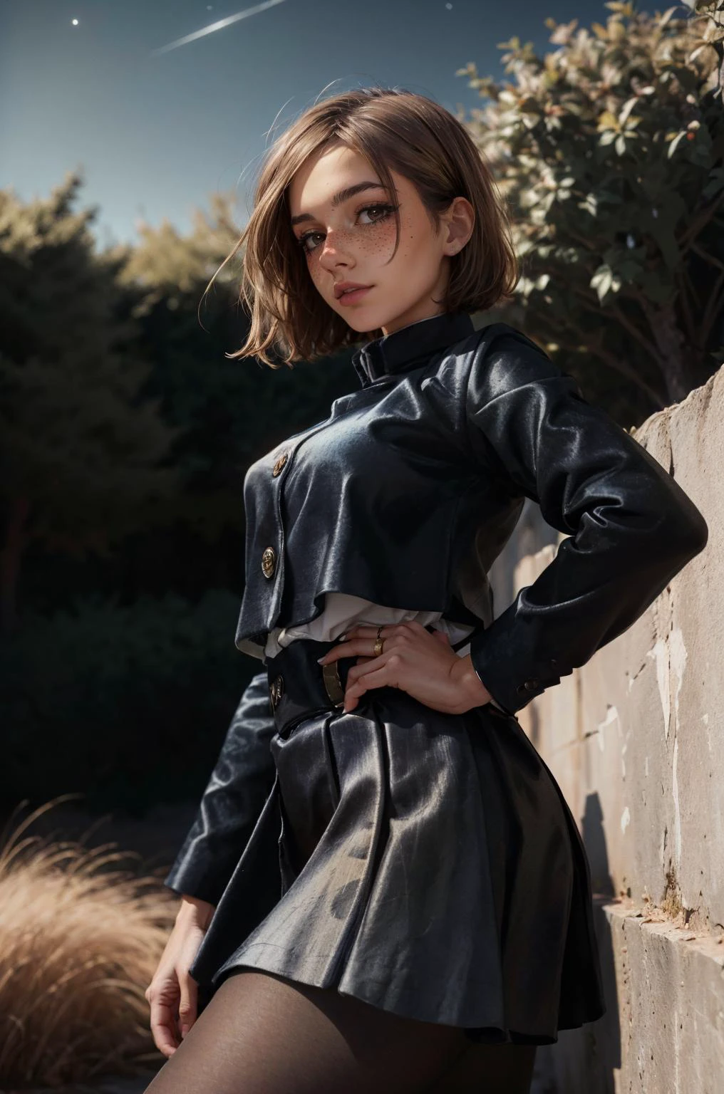 (masterpiece, best quality, high resolution:1.3), (seductive pose:1.2), (dynamic angle:1.2), detailed fantasy background,
casual photography, HDR, natural light, (anti-aliasing:1.2), elegant, soft scattered light, realistic proportions, limited palette, backlit, accent lighting, (neutral colors:1.3), cross process, cinematic lighting, coherent light, coherent shadows,
looking at viewer, <lora:kugisaki_nobara_v1:1> aanobara, short hair, (black jacket:1.2), buttons, long sleeves, black skirt, high-waist skirt, black pantyhose <lora:ZH_Mushyee_v1:0.9> detailed face, detailed eyes, detailed skin, extremely detailed, intricate details, zh_mushyee_cosplaygirl, solo, long hair, tattoo, realistic, freckles, lips, looking at viewer, parted bangs, night sky,