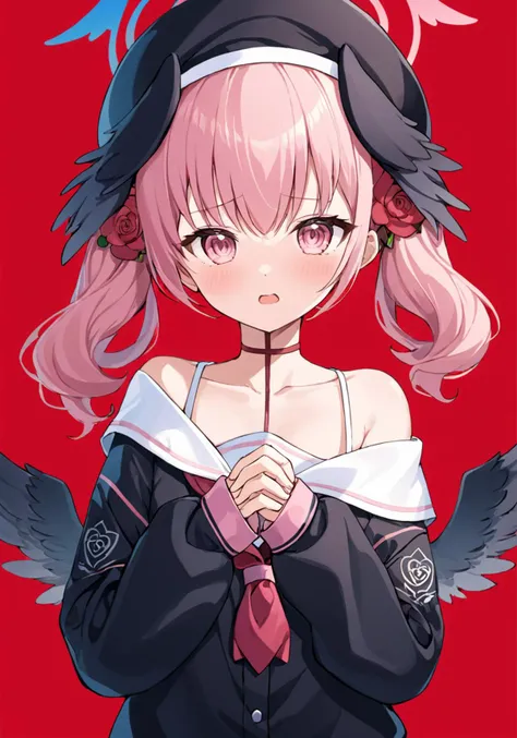 breathtaking,
koharu \(blue archive\), 1girl, solo, head wings, halo, blush, looking at viewer, twintails, black wings, simple background, feathered wings, white sailor collar, off shoulder, long sleeves, red background, black headwear, pink neckerchief, beret, collarbone, low wings, black shirt, upper body, sleeves past wrists, own hands together, school uniform, open mouth, choker, rose, red flower, parted lips, winged hat, hair flower
. gorgeous,key visual, vibrant, studio anime,award-winning, professional, highly detailed,high budget, cinemascope <lora:ShimoeKoharu_v2:1>