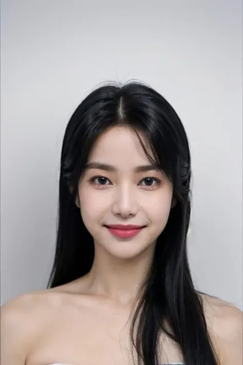 (masterpiece, top quality, best quality, (close-up photograph: 2), ((1girl)), ((wide face)), fair skin, (extremely detailed face), looking straight, ((ultra-detailed eyes and pupils)), ((bare pectorals)), ((bare chest)), bare head, tube dress, (((bare shoulders))), symmetrical frame, ((strapless)), smile, ((symmetrical pose)), (symmetrical face: 1.6), 35mm, (((minimal plain white background))), ((smile with eyes)), ((no lighting)), no watermark, black hair, (((long hair))), <lora:solarlorashy:1>
