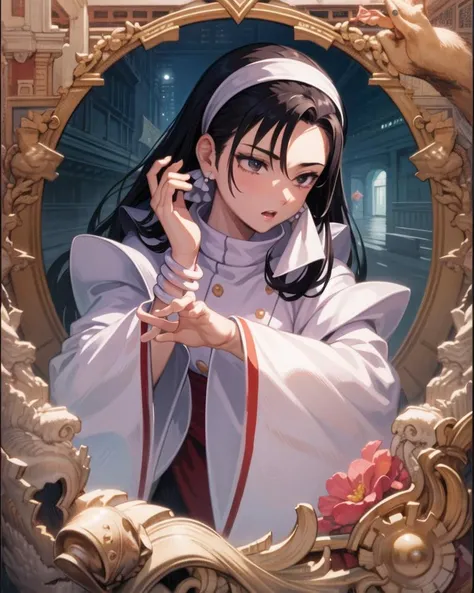 (masterpiece, best quality, high resolution, unity 8k wallpaper, extremely detailed CG:1), (illustration:1.0), portrait, upper body, 1girl, chizurums, hairband, jewelry, earrings, wide sleeves, <lora:ChizuruMS:1>