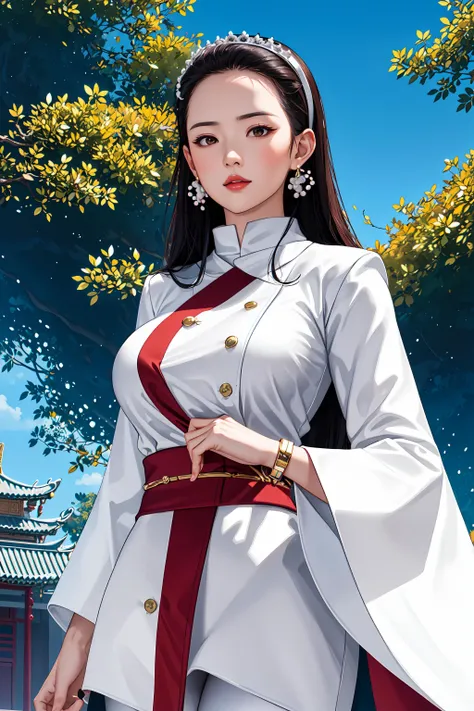 chizurums, hairband, jewelry,pearl earrings, wide sleeves, long sleeves, buttons, sash, bracelet, white leggings, (huge breasts:1.2,) upper body, (brown eyes:1.2), cameltoe, hands on chest,see-through, (looking at viewer), hair ornament, choker, shy, (masterpiece, top quality, best quality, official art, beautiful and aesthetic:1.2), (1 girl), extreme detailed, colorful, highest detailed, city, chinese temple, leaning, tree, sun, cloud, grass, light on face,