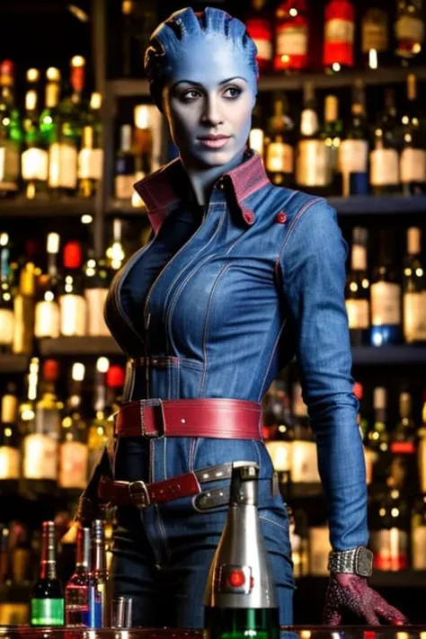 close up photo of asari <hypernet:asariMassEffect_v10:0.8> as bartender, red shirt, jeans, waist up shot, photograph, in a bar, wall of bottles, highly detailed, RAW, Canon EOS