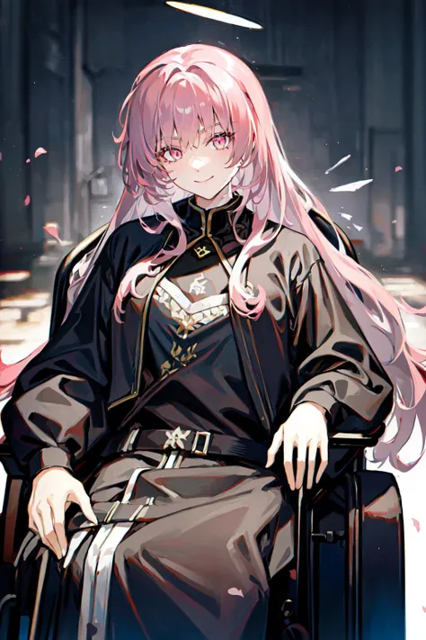 (pink eyes:1.2), ( a girl in a wheelchair), angel halo, 8k,4k, portrait, , detailed face, detailed eyes, lemuen, smile, looking at viewer, , 1girl , masterpiece, best quality, high resolution, , 1girl, solo, cowboy shot, <lora:LemuenVer1:1>