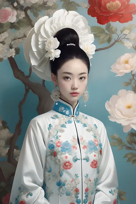 (masterpiece1.2),(best quality:1.2),highres,extremely detailed 8k wallpaper,very clear,realistic,1girl,full body,(soft smile),bare shoulders,solo,jewelry,earrings,realistic,1girl,black hair,chinese clothes,white qipao,looking at viewer,upper body,flower,shirt,peony \(flower\),white shirt,lips,hair ornament,black eyes,DOF,soft light,gongbi color ink style, <lora:GoodHands-beta2:1> <lora:white qipao:0.8>