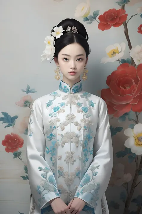 (masterpiece1.2),(best quality:1.2),highres,extremely detailed 8k wallpaper,very clear,realistic,1girl,full body,(soft smile),bare shoulders,solo,jewelry,earrings,realistic,1girl,black hair,chinese clothes,white qipao,looking at viewer,upper body,flower,shirt,peony \(flower\),white shirt,lips,hair ornament,black eyes,DOF,soft light,gongbi color ink style, <lora:GoodHands-beta2:1> <lora:white qipao:0.8>