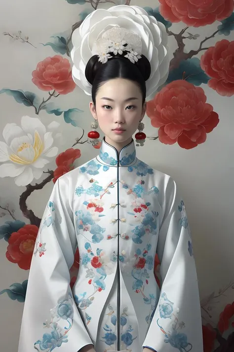 (masterpiece1.2),(best quality:1.2),highres,extremely detailed 8k wallpaper,very clear,realistic,1girl,full body,(soft smile),bare shoulders,solo,jewelry,earrings,realistic,1girl,black hair,chinese clothes,white qipao,looking at viewer,upper body,flower,shirt,peony \(flower\),white shirt,lips,hair ornament,black eyes,DOF,soft light,gongbi color ink style, <lora:GoodHands-beta2:1> ,<lora:white qipao:0.8>