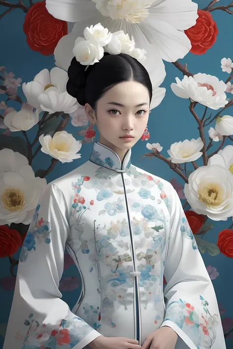 (masterpiece1.2),(best quality:1.2),highres,extremely detailed 8k wallpaper,very clear,realistic,1girl,full body,(soft smile),bare shoulders,solo,jewelry,earrings,realistic,1girl,black hair,chinese clothes,white qipao,looking at viewer,upper body,flower,shirt,peony \(flower\),white shirt,lips,hair ornament,black eyes,DOF,soft light,gongbi color ink style, <lora:GoodHands-beta2:1> ,<lora:white qipao:0.8>
