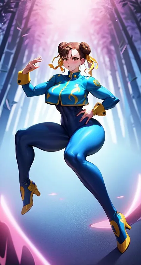 1girl, , perfect anatomy, toned, thick thighs, muscular legs, sweating, 4k, full body, ambient lighting, chunli_alpha, underboob, thick thighs, detailed legs, flexible, abs, muscular,((Bamboo forest))