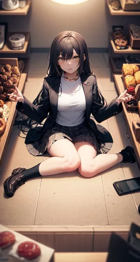 masterpiece, best quality, 1girl, food, solo, skirt, shop, indoors, jacket, shopping, jewelry, shirt, shelf, long hair, plaid skirt, black jacket, yellow eyes, looking at viewer,Sit on the ground