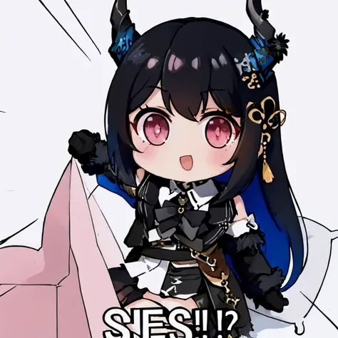 (masterpiece, best quality:1.2), chibi, english text, solo, 1girl, nerissaravencroft, segs, black hair, horns, hair ornament, pink eyes, collared shirt, detached sleeves, fur trim, black gloves <lora:CHAR-NerissaRavencroft:0.9> <lora:Segs:1>