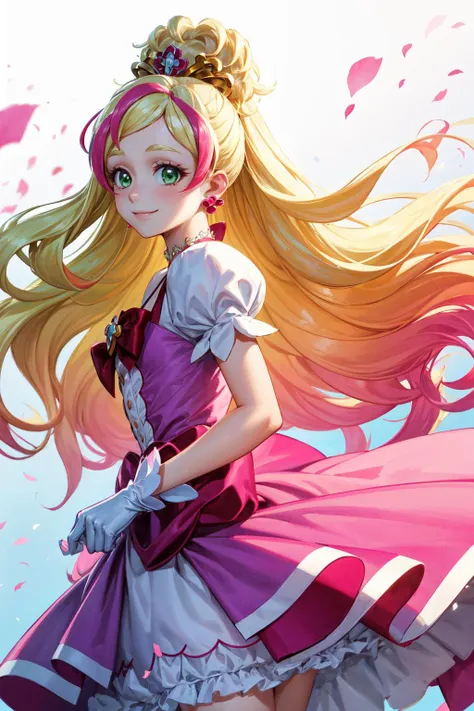 masterpiece,best quality,1girl,cure flora,blonde hair,very long hair,pink streaked hair,green eyes,white gloves,ribbon,hair ornament,earrings,puffy short sleeves,tiara,petticoat,long dress,smile,petals,cowboy shot,multicolored background,dutch angle,from side,<lora:locon_cure_flora_01:0.9>,<lora:Concept-control tool-add_detail-CyberAIchemist:0.8>,