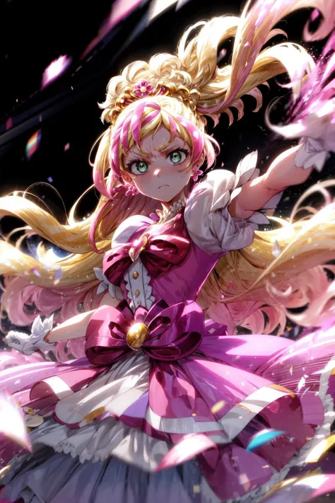 masterpiece,best quality,1girl,cure flora,blonde hair,very long hair,pink streaked hair,green eyes,white gloves,ribbon,hair ornament,earrings,puffy short sleeves,tiara,petticoat,long dress,(serious),fighting stance,action pose,attack,(punching),(motion lines,motion blur),blast wave,cowboy shot,petals,<lora:locon_cure_flora_01:0.9>,<lora:Concept-control tool-add_detail-CyberAIchemist:0.6>,