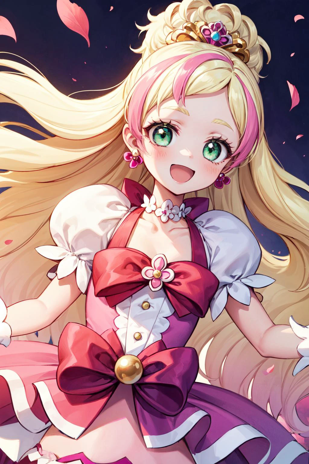 masterpiece,best quality,1girl,cure flora,blonde hair,very long hair,pink streaked hair,green eyes,white gloves,ribbon,hair ornament,earrings,puffy short sleeves,tiara,petticoat,open mouth,smile,spread arms,petals,multicolored background,dutch angle,upper body,<lora:locon_cure_flora_01:0.9>,<lora:Concept-control tool-add_detail-CyberAIchemist:0.8>,