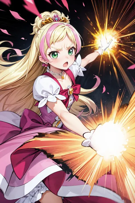 masterpiece,best quality,1girl,cure flora,blonde hair,very long hair,pink streaked hair,green eyes,white gloves,ribbon,hair ornament,earrings,puffy short sleeves,tiara,petticoat,long dress,(serious,:o),fighting stance,action pose,attack,(punching),incoming attack,(motion lines,motion blur),blast wave,cowboy shot,petals,<lora:locon_cure_flora_01:0.9>,<lora:Concept-control tool-add_detail-CyberAIchemist:0.8>,