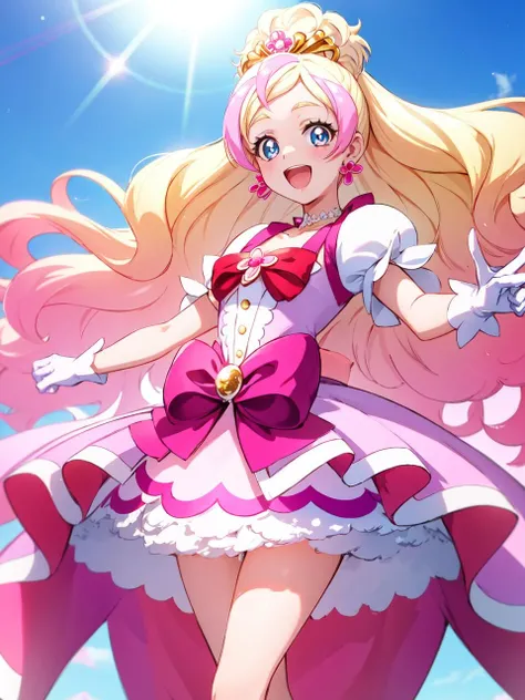 masterpiece, best quality, looking at viewer, depth of field, standing, full body, open mouth,
1girl, <lora:locon_cure_flora_01:0.85>, cure flora, white gloves, ribbon, hair ornament, white footwear, earrings, puffy short sleeves, tiara, petticoat, 
smile, ((gradient background)), lens flare,