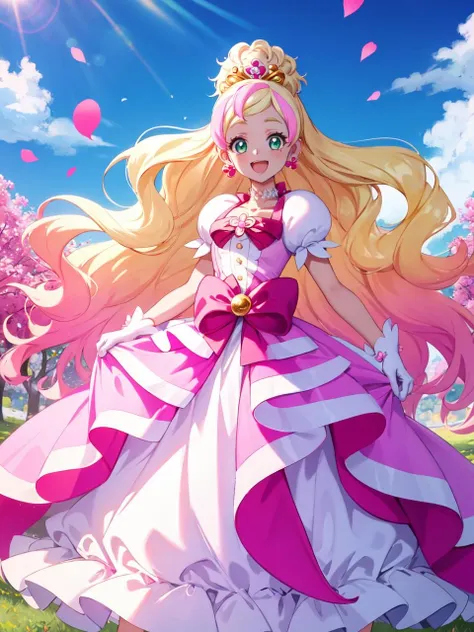 masterpiece, best quality, looking at viewer, depth of field, standing, full body, open mouth,
1girl, <lora:locon_cure_flora_01:0.85>, cure flora, white gloves, ribbon, hair ornament, white footwear, earrings, puffy short sleeves, tiara, pink wedding dress, long skirt, green eyes, 
smile, ((gradient background)), lens flare,