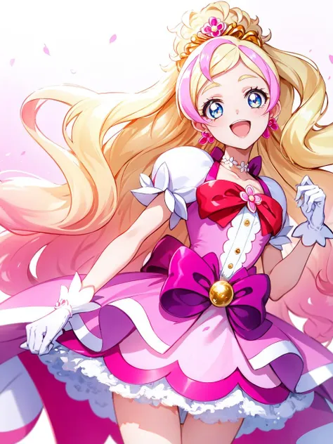 masterpiece, best quality, looking at viewer, depth of field, standing, full body, open mouth,
1girl, <lora:locon_cure_flora_01:0.85>, cure flora, white gloves, ribbon, hair ornament, white footwear, earrings, puffy short sleeves, tiara, petticoat, 
smile, ((gradient background)), lens flare,