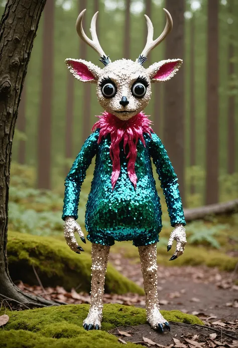 Wendigo, A whimsical character, dressed in sequined clothes, with large eyes and rosy cheeks. Inspired by the playful designs of Liu Haisu.