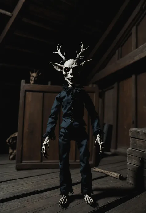 Wendigo, Haunted doll, creepy attic, old mansion, dark tones, inspired by the Gothic horror genre