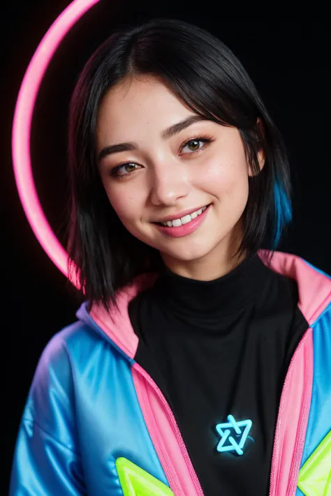 DV_Spirit_Vicious ((Neon Blue Theme, Black backdrop:1.4)) (Close-Up Shot, headshot:1.4) wearing (casual wear), 35mm, F/2.8 ((Photo Focus, DOF, Aperture, insanely detailed and intricate, character, hypermaximalist, elegant, ornate, beautiful, exotic, revealing, appealing, attractive, amative, hyper realistic, super detailed, heresy flares)) (smiling at viewer:1.3)(pink lens flare:1.2)(sharpness:1.3)(details:1.3)
