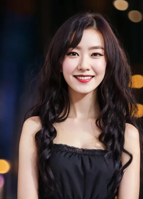 Solo,1girl ,Nikon RAW photo,8 k,Fujifilm XT3,masterpiece, best quality, realistic, photorealistic,ultra detailed, potrait, lens depth of field, face to camera, Tokyo, night, slightly smile, professional lighting, black sexy dress, natural makeup,modelshoot style , irene1, long black wavy hair <lora:irene_V70:1>