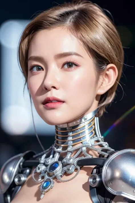 <(photorealistic:1.4), (extremely intricate:1.2)>, <(exquisitely detailed skin), cinematic light, ultra high res, 8k uhd, intricate details, Light, Oil Painting Texture, film grain, dreamlike, perfect anatomy, best shadow, delicate, RAW>, 1girl, short hair, bob hair, silver hair, a beautiful porcelain profile woman android face, (((cyborg:1.1))), robotic parts, 150 mm, beautiful studio soft light, rim light, vibrant details, lace, anatomical, facial muscles, cable electric wires, microchip, elegant, beautiful background, octane render, H. R. Giger style, incredibly absurdres, robot, silver halmet, luxurious cyberpunk, detailed background, sfw:1.8, Sunshine,
<lora:irene_V70:1>