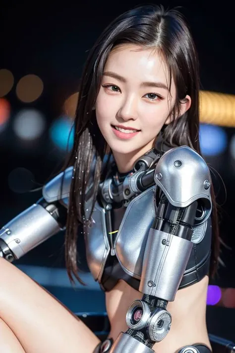 (kpop idol:0.5), 1girl, 18 yo, (sexy:1), fit, hot, (slim body:1.2), pale skin, (smiling:1.3), (dark hair:1.4), (small breasts:1.3), (looking at viewer:1), (half body:1.5), (sitting:1.4), futuristic, cybernetics, cyberpunk, (cyborg:1.2), (robot arms:1.4), (raining:1.2), (button up shirt:1.1), (alley), Shibuya, (day:1.2), (colorful neon lights), (fog:1.1), (PureErosFace_V1:0.5), 8k, (best quality), (ultra-detailed), (best illustration), (realistic, photo-realistic:1.37), (night photography), (medium close up:1.3), lens flare, shade, backlighting, depth of field, natural lighting, hard focus, vibrant details, anatomical, extremely delicate and beautiful, amazing, finely detailed, masterpiece, <lora:irene_V70:1>