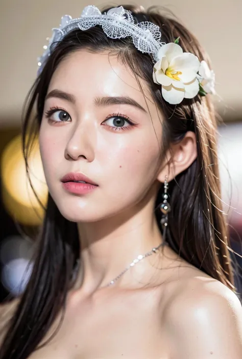 (8k, best quality, masterpiece:1.2), (realistic, photo-realistic:1.4), (RAW photo), octane render, complex 3d render ultra detailed of a beautiful porcelain profile woman, studio soft light, rim light, vibrant details, ultra-detailed, realistic skin texture, detail face, white hair, beautiful detailed eyes, close up photography, Fujifilm, Depth of Field, absurdres, extremely detailed CG unity 8k wallpaper, makeup, black lightning, intricate headdress, <lora:irene_V70:1>