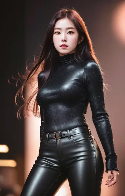 postapocalypse, Highly detailed RAW color , toned physique, (elegant, beautiful face), (retrofuturism), mechanical, gears, (detailed skin), (oil:0.6), (tesla coil:0.4), (Nixie tube:0.8), (highly detailed, hyperdetailed, intricate), (bloom:0.4), soft lighting, (side lighting:0.8), shadow casting, deep focus, photographed on a Leica 10772 M-P, 85mm macro lens, F/8 aperture, film still, (Cursed soldiers, rebellion), long hair, fashionable princess, black leather skinny pants, fashionable cloth, y2k, irene1, <lora:irene_V70:1>