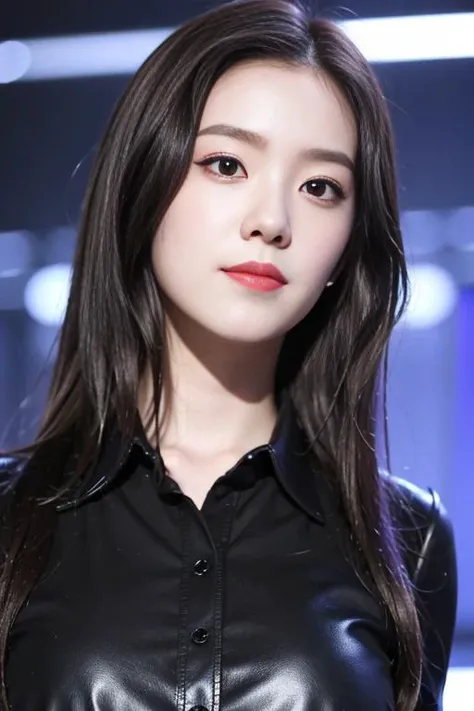 (kpop idol:0.7), 1girl, 18 yo, (sexy:1), fit, hot, (slim body:1), pale skin,(dark hair:1.4), (big breasts:1), (looking at viewer:1), (full body:1.5), futuristic, cybernetics, cyberpunk, (cyborg:1.2), (button up shirt:1.1), (alley), (colorful neon lights), (fog:1.1), 8k, (best quality), (ultra-detailed), (best illustration), (realistic, photo-realistic:1.37), (night photography), (medium close up:1.3), lens flare, shade, backlighting, depth of field, natural lighting, hard focus, vibrant details, anatomical, extremely delicate and beautiful, amazing, finely detailed, masterpiece, <lora:irene_V70:1.1>irene1,(seductive smile:1)