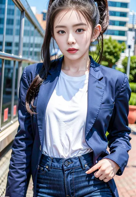 nikon RAW photo,8 k,Fujifilm XT3,masterpiece, best quality, 1girl,realistic, photorealistic,ultra detailed, diamond stud earrings, hazel eyes, serious expression, slender figure, <lora:lightAndShadow_V10:0.7> ,(((irene1))),,(((lora irene face))),((korean)),((muscularity)),(Stockings),(((full_body))),((irene face)),(young_woman),(pony tail),<lora:irene_V70:1>,(wthirt_shirts),(jeans),(blue_Jacket),(office)