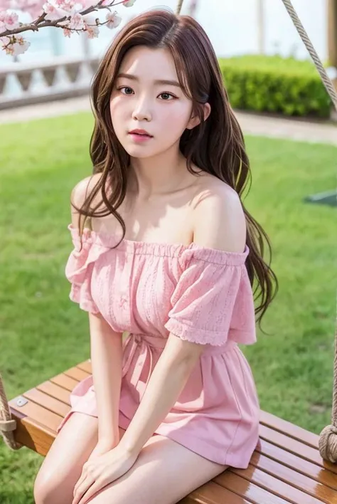 hyper realistic lifelike texture unrealengine trending on artstation, dramatic lighting, nikon RAW photo,8 k,Fujifilm XT3,masterpiece, best quality, realistic, small breasts, brown wavy hair, ((windy hair)), photorealistic,ultra detailed,extremely detailed face, solo,1girl, wearing a pink off shoulder dudou, upper view, irene1, dreamy expression, cherry blossom background, sitting in a swing, <lora:irene_v70:1>