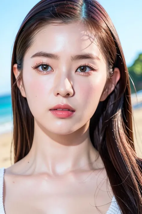 hyper realistic lifelike texture dramatic lighting unrealengine trending on artstation,award winning photo,nikon RAW photo,8 k,Fujifilm XT3,masterpiece, best quality, realistic, photorealistic,ultra detailed,extremely detailed face, solo,1girl, irene1, blue sky,beach,sport,<lora:irene_V70:1>