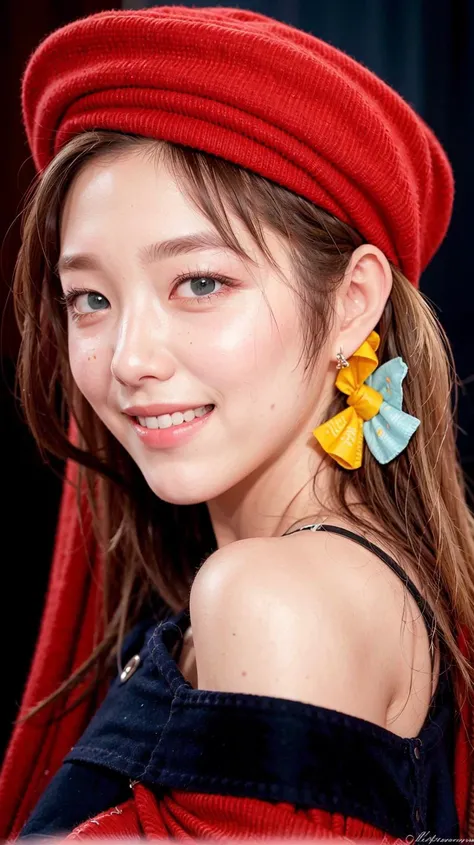 blonde hair,smile,cap,front light,photorealistic,best quality,ultra high res,extremely detailed eyes and face,