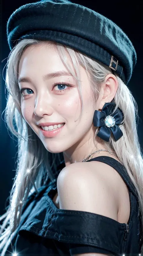white hair,smile,cap,front light,photorealistic,best quality,ultra high res,extremely detailed eyes and face,