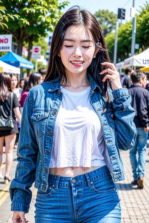 hyper realistic lifelike texture dramatic lighting unrealengine trending on artstation,award winning photo,nikon RAW photo,8 k,Fujifilm XT3,masterpiece, best quality, realistic, photorealistic,ultra detailed,extremely detailed face, solo,1girl, closed eyes,posing for a picture, casual yet stylish, denim jacket over white t-shirt, jeans,smile, amidst a bustling street market irene1, , <lora:irene_V70:1>