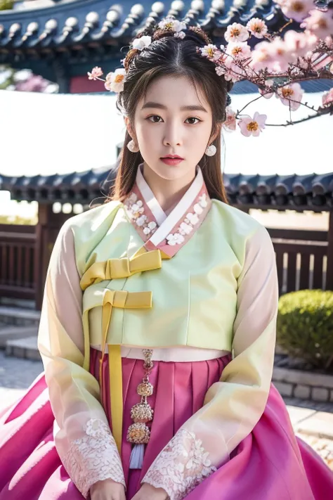 hyper realistic, lifelike texture, dramatic lighting, (best quality:1.1), partially immersed in flower, (hanbok, korean clothes:1.4), depth of field, lifelike, colorful flower bed in the background, falling sakura blossoms, depth of field, beauty512, <lora:hanbok-000009:0.8> , <lora:hanboka-000003:0.8>, irene1, <lora:irene_V70:1>