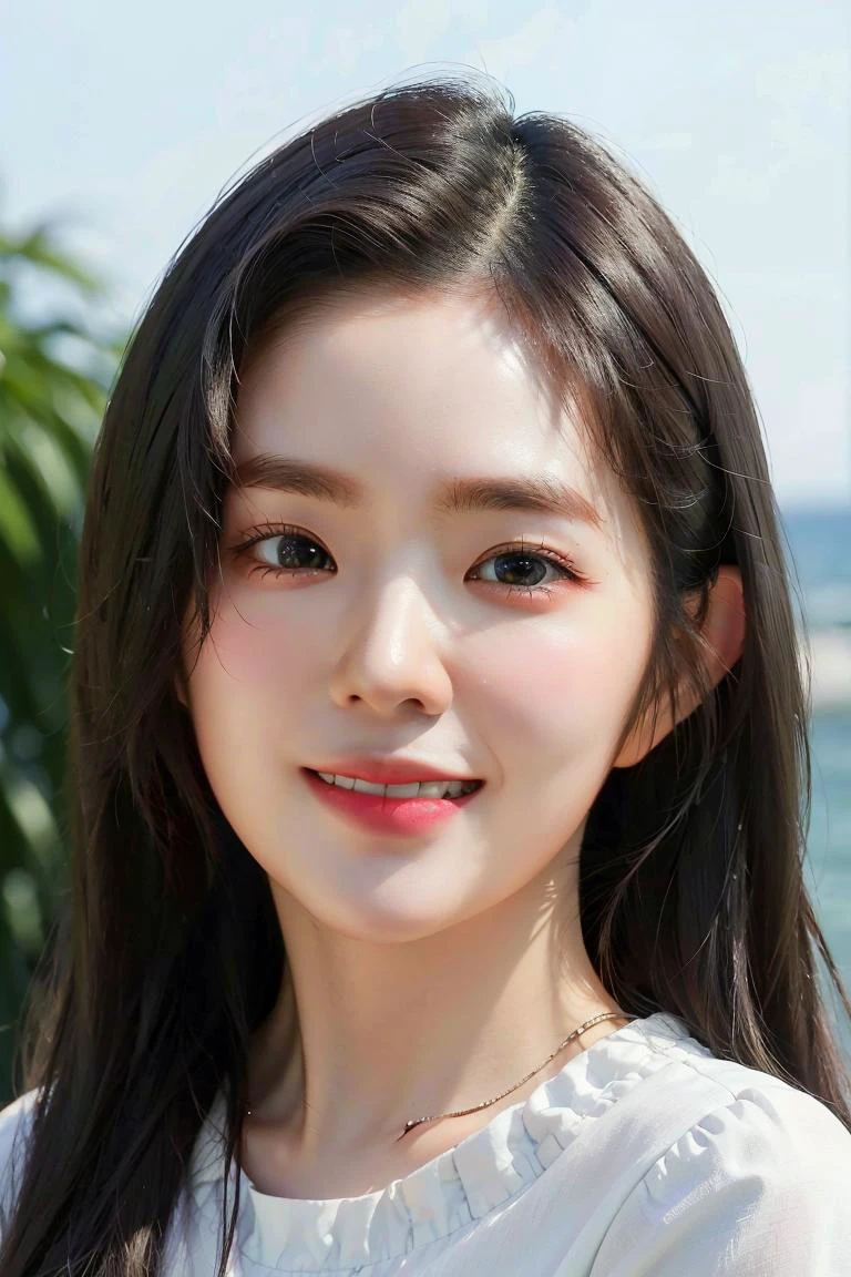 extremely detailed eyes, extremely detailed face, best quality ,masterpiece, extremely detailed, ultra-detailed, (realistic, photo-realistic:1.3), smile, (facing front), looking at viewer, white shirt, sunny day, outdoor, 1girl upperbody