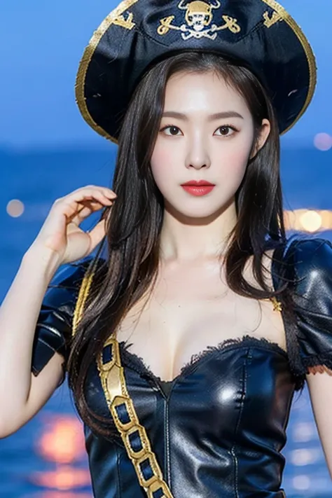 (Best quality, 8k, 32k, Masterpiece, UHD:1.2),Photo of Pretty Japanese woman, 1girl, (medium-short dark brown hair), double eyelid, large breasts, pirate costume, cruise, on the sea, full body, holding gun <lora:irene_v70:1>