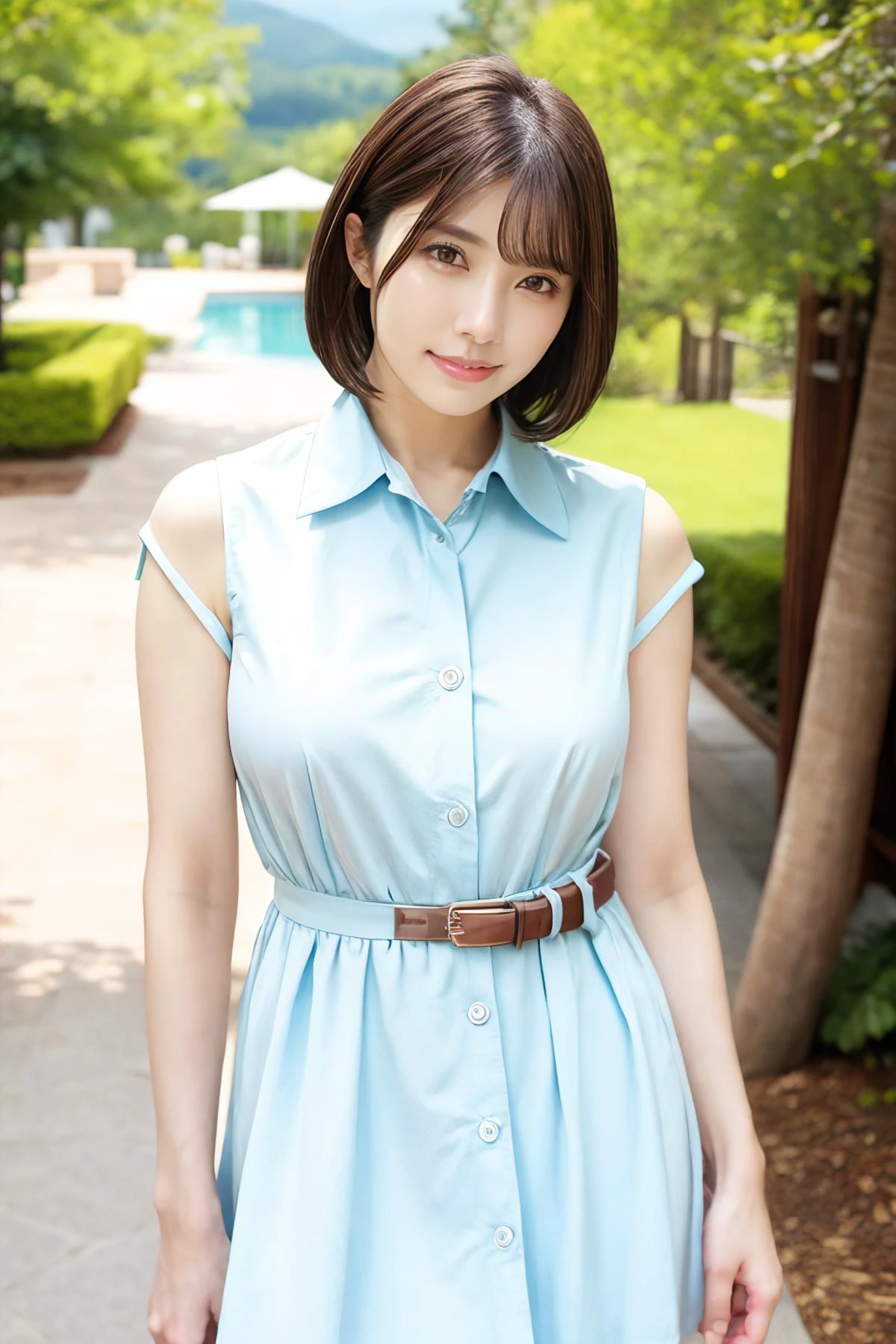 1girl, maitsubasa_jav, breasts, short hair, bob cut, brown eyes, bangs, lipstick,
wearing collared dress, belt, jewelry, outdoors,
detailed body, attractive body, perfect human body,
looking at viewer, shot using canon DSLR,
(ultimate quality, masterpiece, highres:1.0), realistic:1.8, photorealistic, <lora:JAV_mai_tsubasa_v1_epoch_12:0.9>