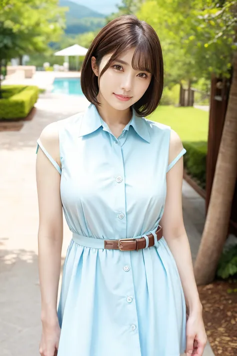 1girl, maitsubasa_jav, breasts, short hair, bob cut, brown eyes, bangs, lipstick,
wearing collared dress, belt, jewelry, outdoors,
detailed body, attractive body, perfect human body, 
looking at viewer, shot using canon DSLR,
(ultimate quality, masterpiece, highres:1.0), realistic:1.8, photorealistic,   <lora:JAV_mai_tsubasa_v1_epoch_12:0.9>