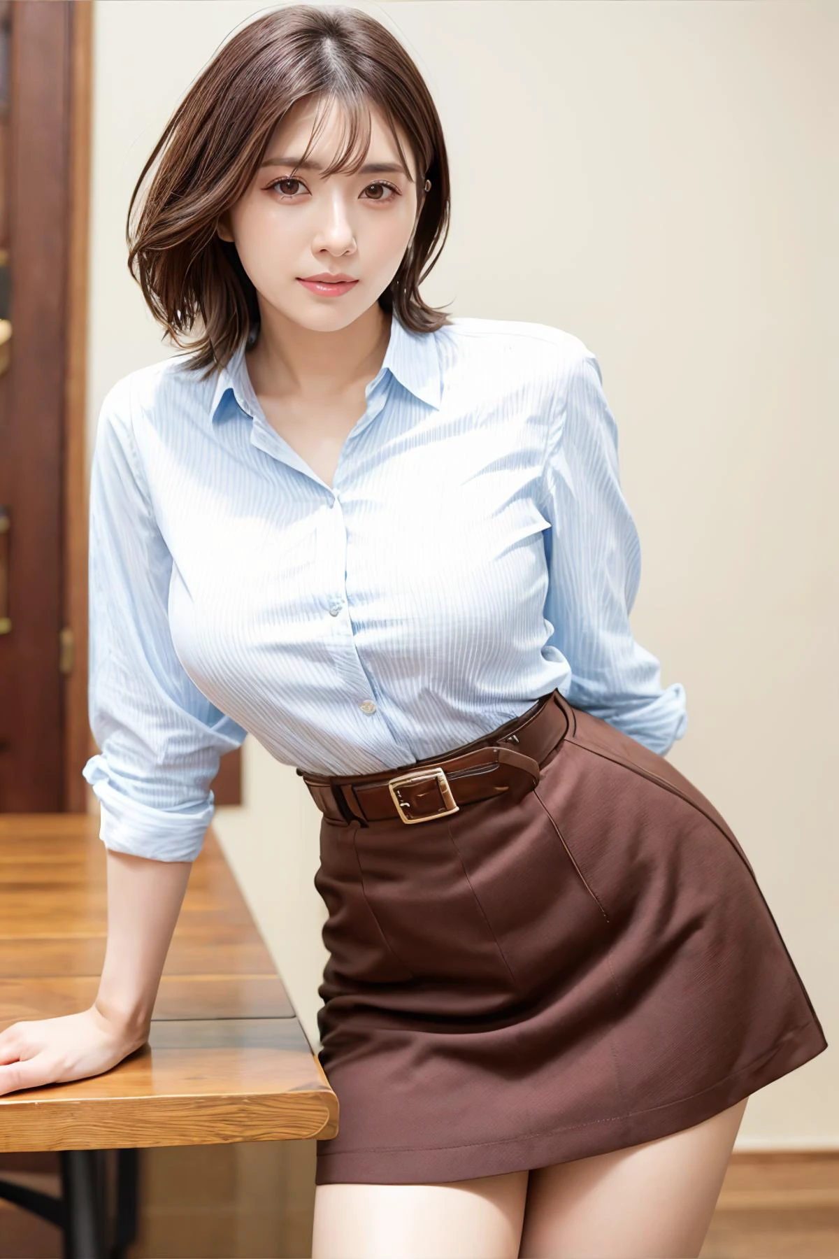 1girl, maitsubasa_jav, breasts, short hair, brown eyes,
wearing blouse and highwaist skirt, belt, jewelry, leaning forward, against table,
detailed body, attractive body, perfect human body,
looking at viewer, shot using canon DSLR,
(ultimate quality, masterpiece, highres:1.0), realistic:1.0, photorealistic, <lora:JAV_mai_tsubasa_v1_epoch_12:0.8>