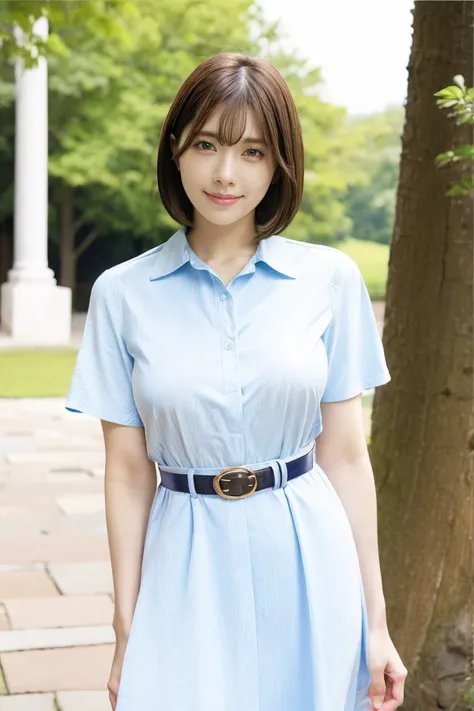 1girl, maitsubasa_jav, breasts, short hair, bob cut, brown eyes, bangs, lipstick,
wearing collared dress, belt, jewelry, outdoors,
detailed body, attractive body, perfect human body, 
looking at viewer, shot using canon DSLR,
(ultimate quality, masterpiece, highres:1.0), realistic:1.8, photorealistic,   <lora:JAV_mai_tsubasa_v1_epoch_12:0.9>