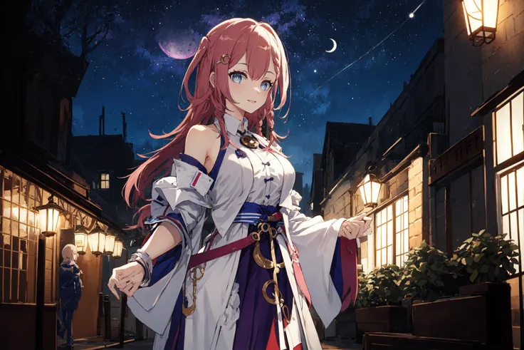 best quality,masterpiece, high res,original, beautiful detailed eyes, , asta_\(star_rail\), 1girl, night, night_sky, moon, star_(sky), sky, starry_sky, outdoors, moonlight, city_lights, city, stars, building, tree, shooting_star, female, clothing, lantern, long_hair, crescent_moon, cityscape, 1girl, solo, cloud, breasts, standing, smile, <lyco:asta_loha-000007:0.7>