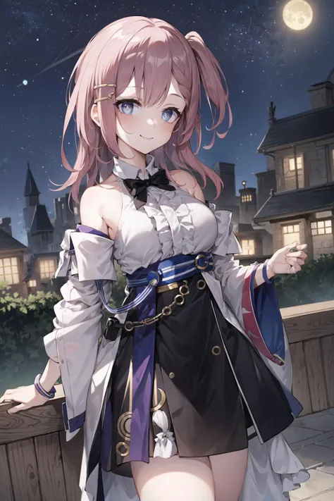 best quality,masterpiece, high res,original, beautiful detailed eyes, , asta_\(star_rail\), 1girl, night, night_sky, moon, star_(sky), sky, starry_sky, outdoors, moonlight, city_lights, city, stars, building, tree, shooting_star, female, clothing, lantern, long_hair, crescent_moon, cityscape, 1girl, solo, cloud, breasts, standing, smile,
<lyco:asta_loha-000007:0.7>
