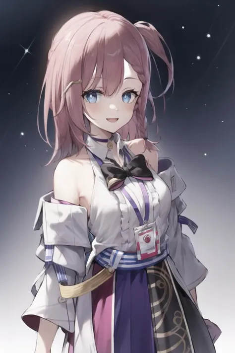 best quality,masterpiece, high res,original, beautiful detailed eyes,asta_\(star_rail\), 1girl, solo, choker, bow, bowtie, jacket, off_shoulder, shirt, bare_shoulders, skirt, thigh_strap, detached_sleeves, dress, wide_sleeves, breasts, open mouth, smile, looking at viewer, <lyco:asta_loha-000007:0.9>