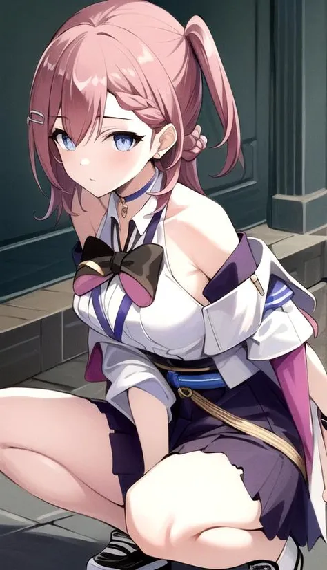 (best quality:2.0), (masterpiece:1.8), ultra detailed illustration, HDR, finely detail, highres, beautiful lighting, 8k wallpaper CG, high detail, ultra-detailed background, sharp focus, extremely detailed face, asta_\(star_rail\) , anime, (1girl), <lora:asta:0.8>, (squatting), medium hair, looking at viewer, ((white panties)), hair_ornament, hairclip, choker, jewelry, bow, bowtie, jacket, off_shoulder, shirt, bare_shoulders, skirt, thigh_strap, detached_sleeves, dress, wide_sleeves,