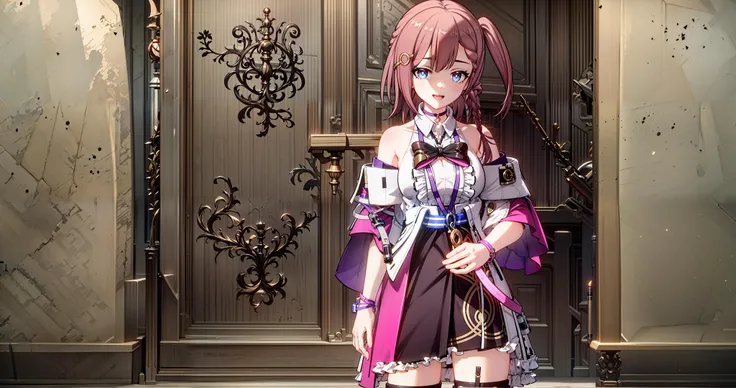 A character turnaround of a asta_\(star_rail\) wearing asta_\(star_rail\), (charturnerv2:1.2)
(masterpiece:1,2), best quality, masterpiece, hires, original, extremely detailed wallpaper, perfect lighting,(extremely detailed CG:1.2), best quality,masterpiece, high res,original, beautiful detailed eyes, 1girl, medium hair, hair_ornament, hairclip, choker, jewelry, bow, bowtie, jacket, off_shoulder, shirt, bare_shoulders, skirt, thigh_strap, detached_sleeves, dress, wide_sleeves, left single ponytail <lora:asta:0.9>, easynegative, smile,