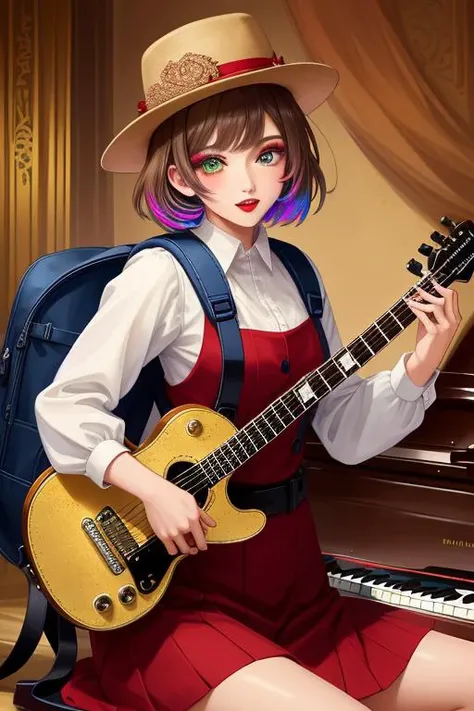 Anime Edition, action shot, upper body, female, very tanned skin, shirt, hiking boots, hat, backpack, heterochromia eyes, multicolored hair, blushing, red lipstick, glitter makeup, dynamic angle, Playing a musical instrument (guitar, piano),  ((masterpiece, high quality, highly detailed, intricate detail))