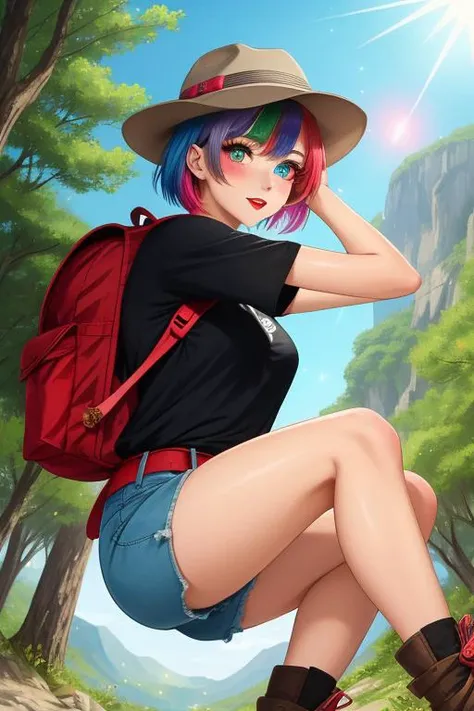 Anime Edition, action shot, upper body, female, very tanned skin, shirt, hiking boots, hat, backpack, heterochromia eyes, multicolored hair, blushing, red lipstick, glitter makeup, dynamic angle, Martial arts kick,